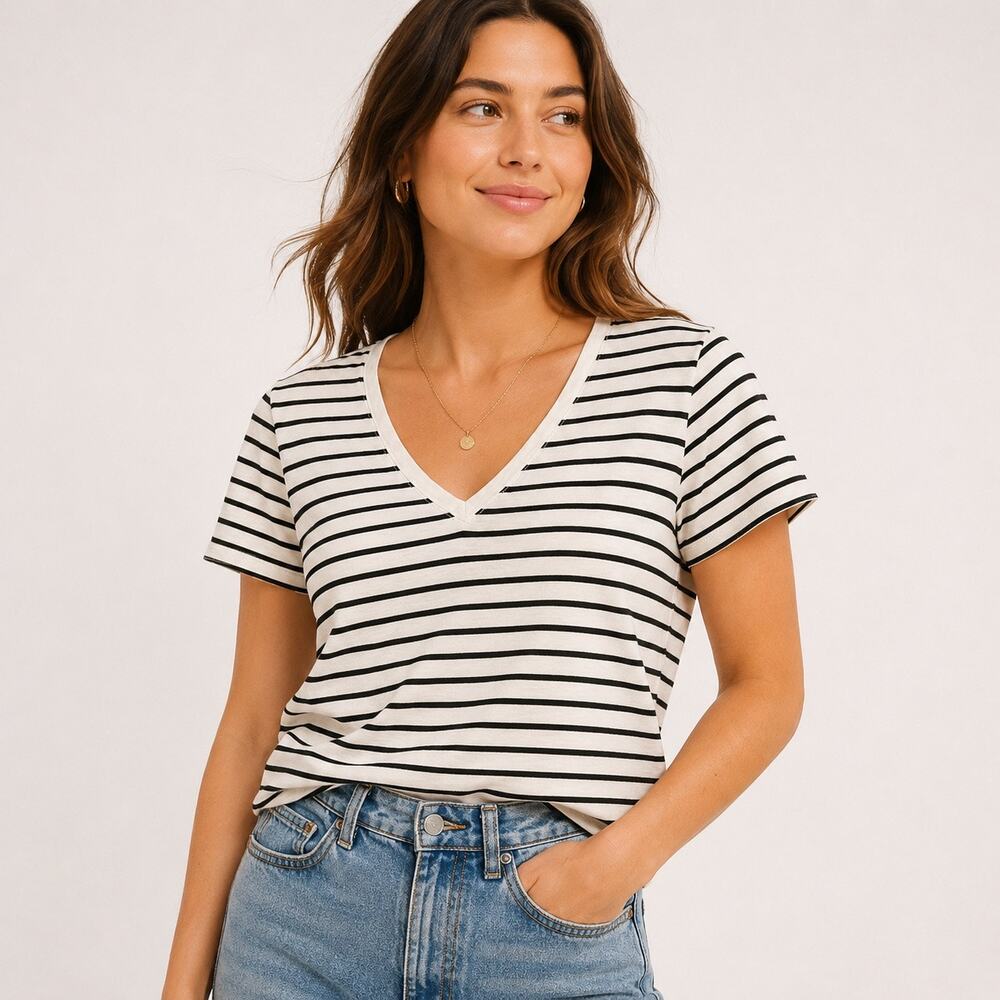Madewell Cotton Striped black and white V-Neck Striped Tee. Women S